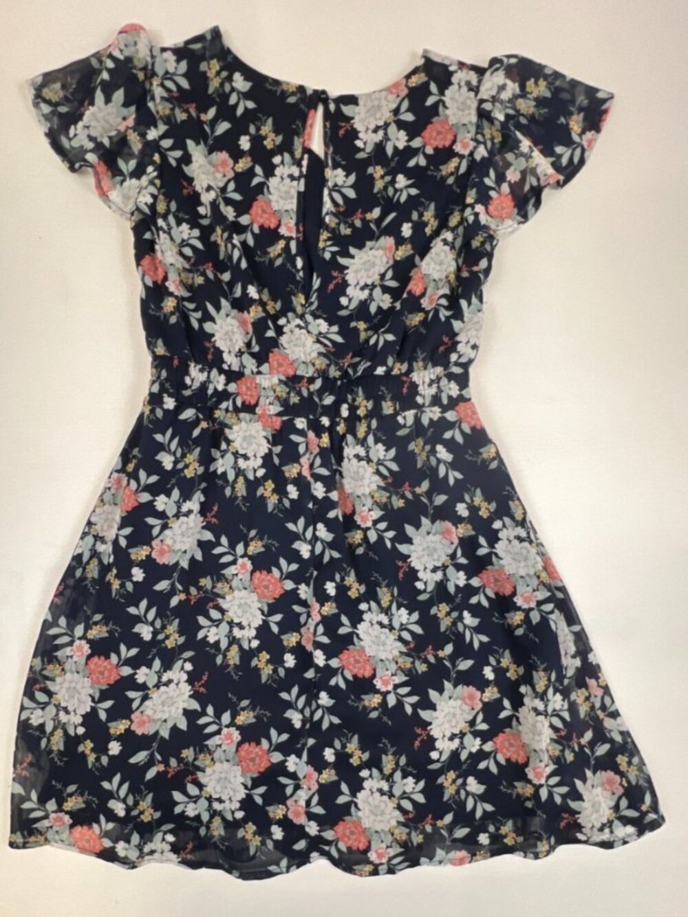 Trixxi Girl Women 12 Navy Blue Floral Chiffon Mini Dress Flutter Sleeve Casual - Picture 2 of 6